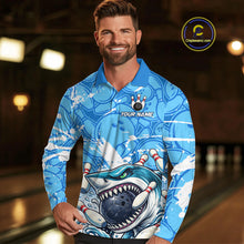 Load image into Gallery viewer, Blue Bowling Camo Angry Shark Bowling Polo, 1/4 Zip Shirts for Men Custom Shark Team Bowling Jerseys NQS11605