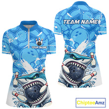 Load image into Gallery viewer, Blue Bowling Camo Angry Shark Bowling Polo, 1/4 Zip Shirts for Women Custom Shark Team Bowling Jersey NQS11605