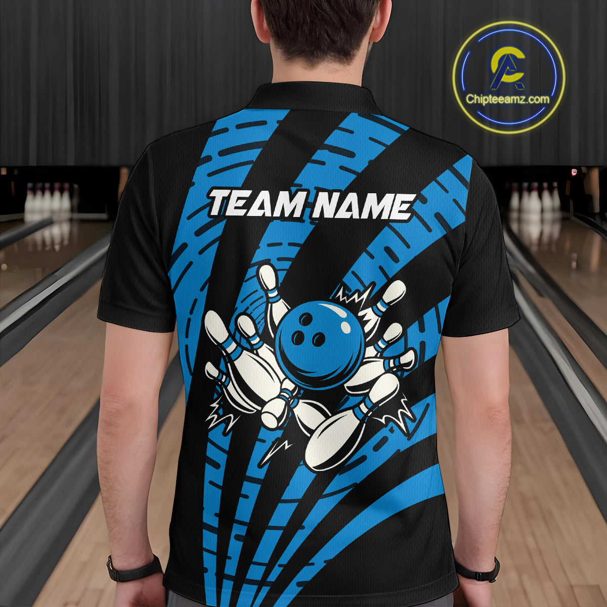 Custom Black and Blue camo Bowling Polo, Quarter Zip Shirt For Mens Custom Team bowling jerseys NQS10608