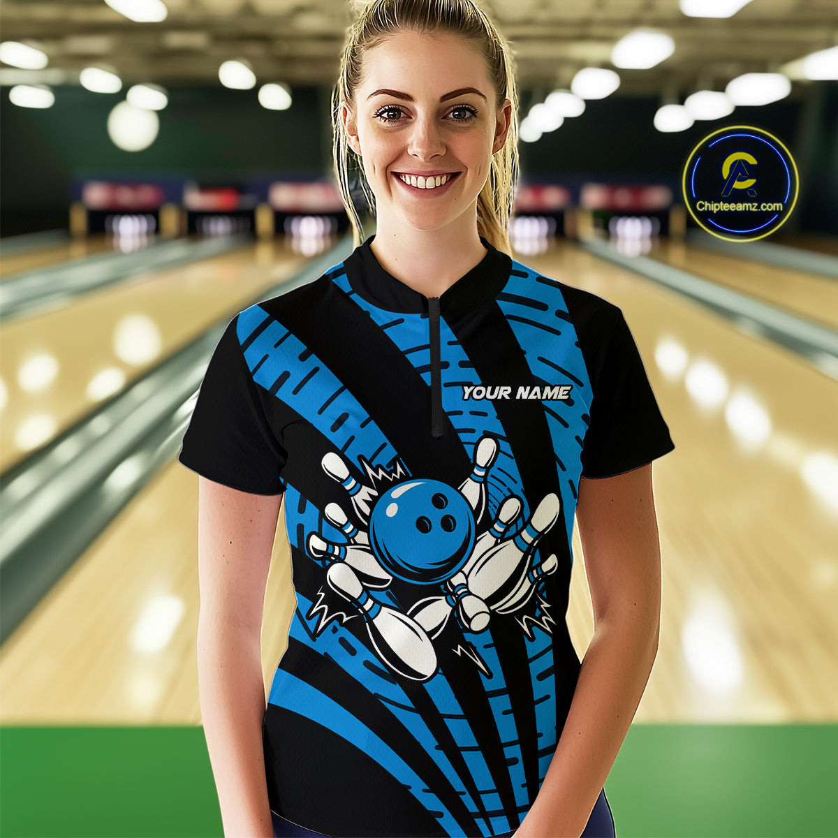 Custom Black and Blue camo Bowling Polo, Quarter Zip Shirt For Women Custom Team bowling jerseys NQS10608