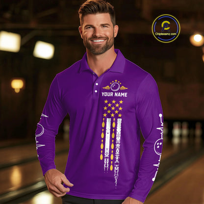 Yellow and Purple Retro American Flag Bowling Shirts For Men Custom Patriotic Bowling Team Jerseys NQS11213