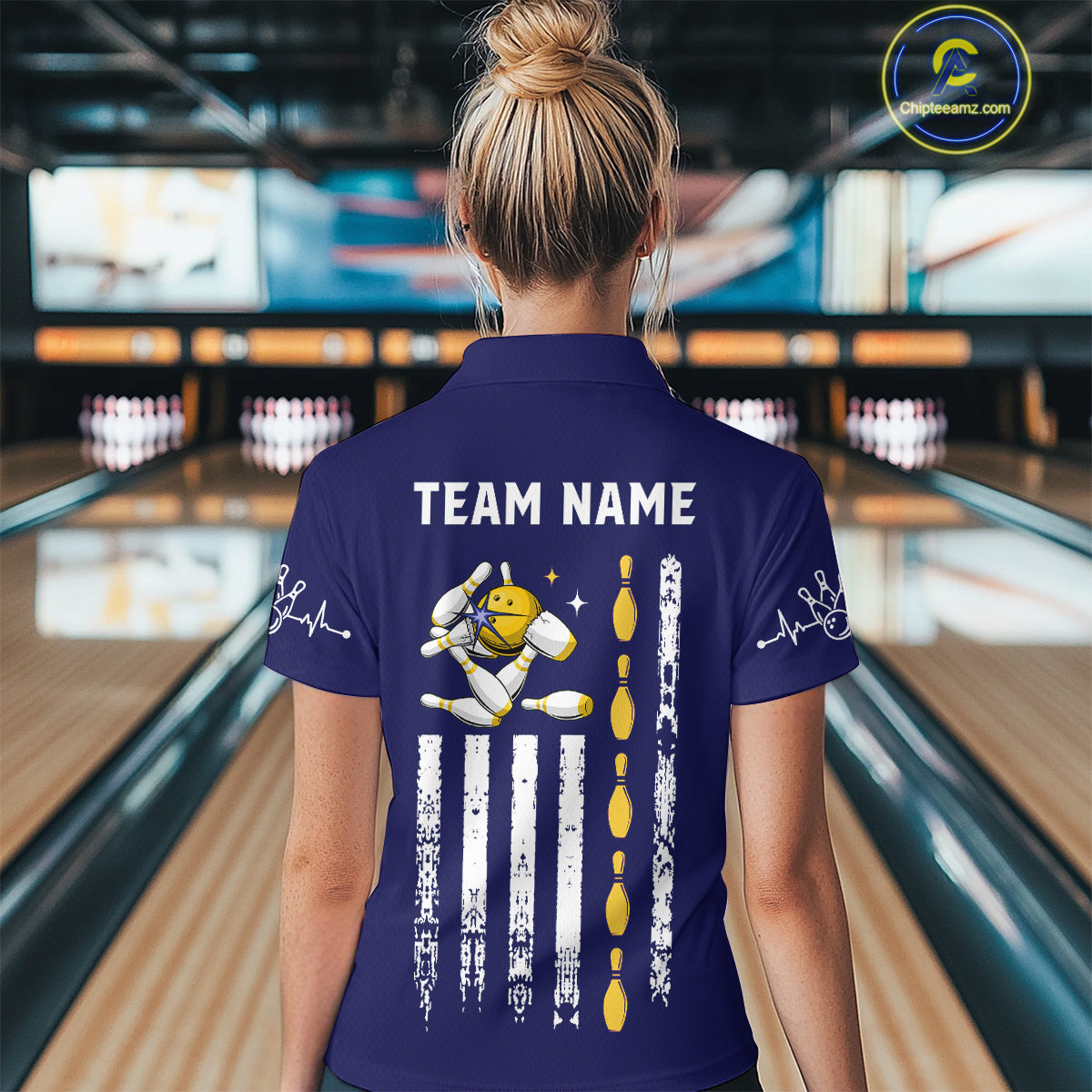 Yellow and Navy Blue Retro American Flag Bowling Shirt For Women Custom Patriotic Bowling Team Jersey NQS11214
