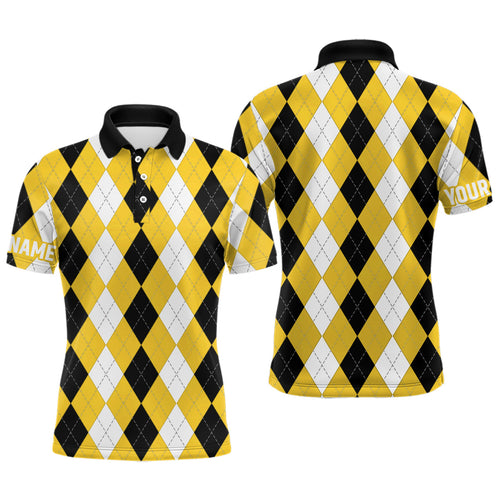 Mens golf polo shirt custom yellow argyle plaid pattern golf attire for men NQS8044