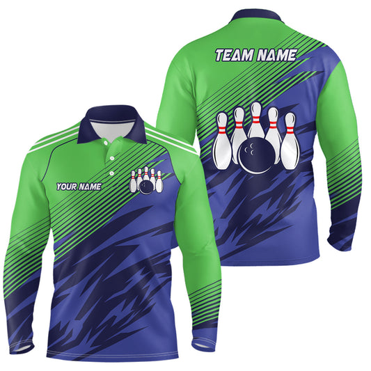 Green And Blue Camo Bowling Polo, 1/4 Quarter Zip Shirts For Men, Custom Name Bowling Team Jerseys NQS7846
