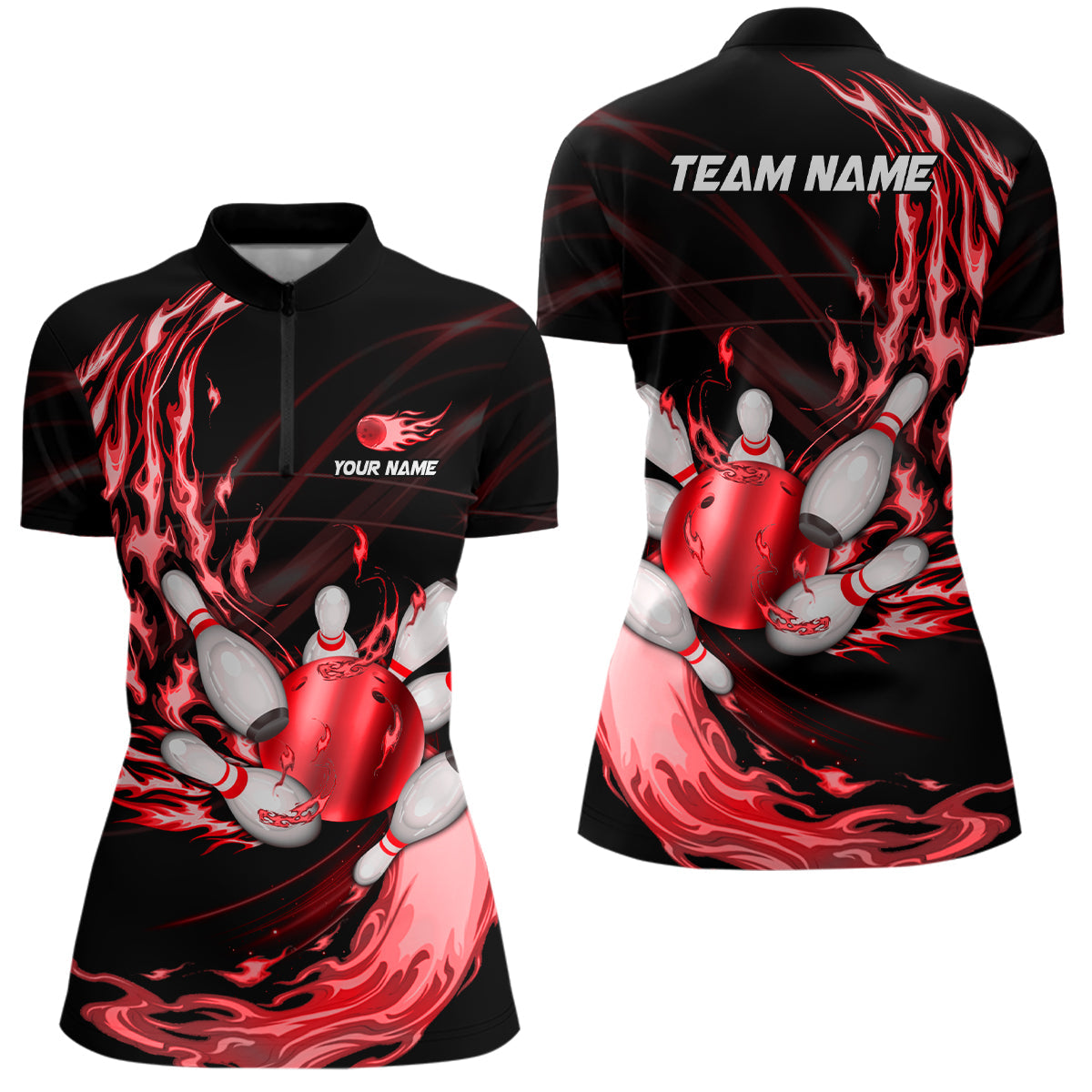 Black Womens bowling shirts Custom Red flame Bowling ball and pins Team league bowler Jerseys NQS8484