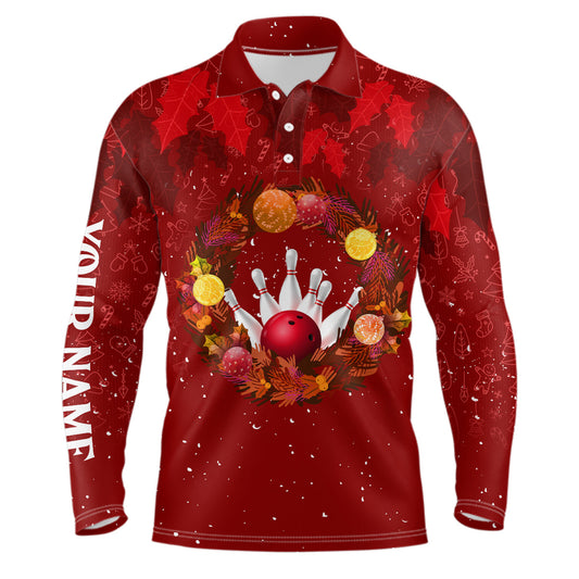 Red Christmas Wreath Mens Bowling Polo, Quarter-Zip Shirt Custom Christmas bowling tops for Team NQS8960