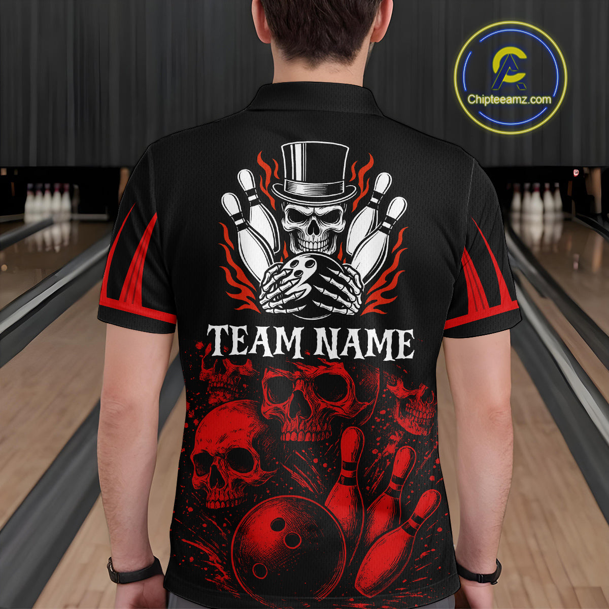 Black and Red Flame Skull Bowling Polo, Quarter Zip Shirts For Men Custom Skull Bowling Team Jerseys NQS9985