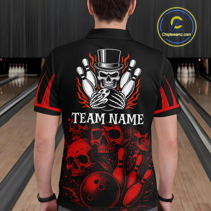 Black and Red Flame Skull Bowling Polo, Quarter Zip Shirts For Men Custom Skull Bowling Team Jerseys NQS9985