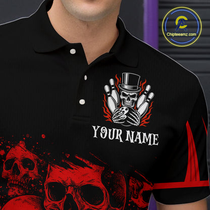 Black and Red Flame Skull Bowling Polo, Quarter Zip Shirts For Men Custom Skull Bowling Team Jerseys NQS9985