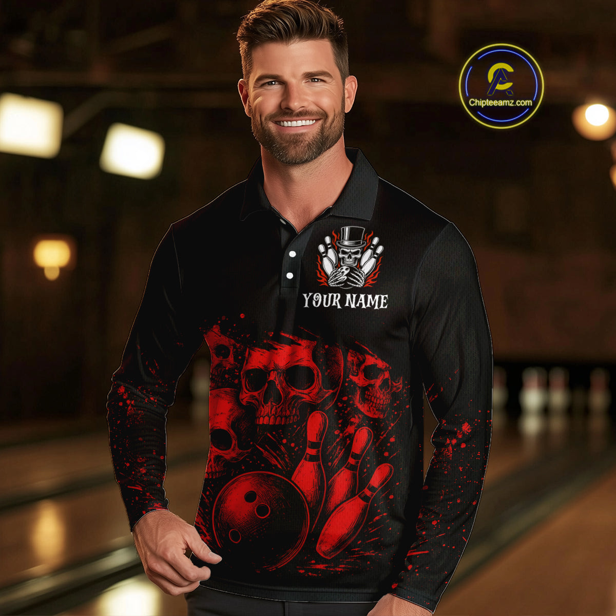 Black and Red Flame Skull Bowling Polo, Quarter Zip Shirts For Men Custom Skull Bowling Team Jerseys NQS9985
