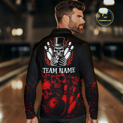 Black and Red Flame Skull Bowling Polo, Quarter Zip Shirts For Men Custom Skull Bowling Team Jerseys NQS9985