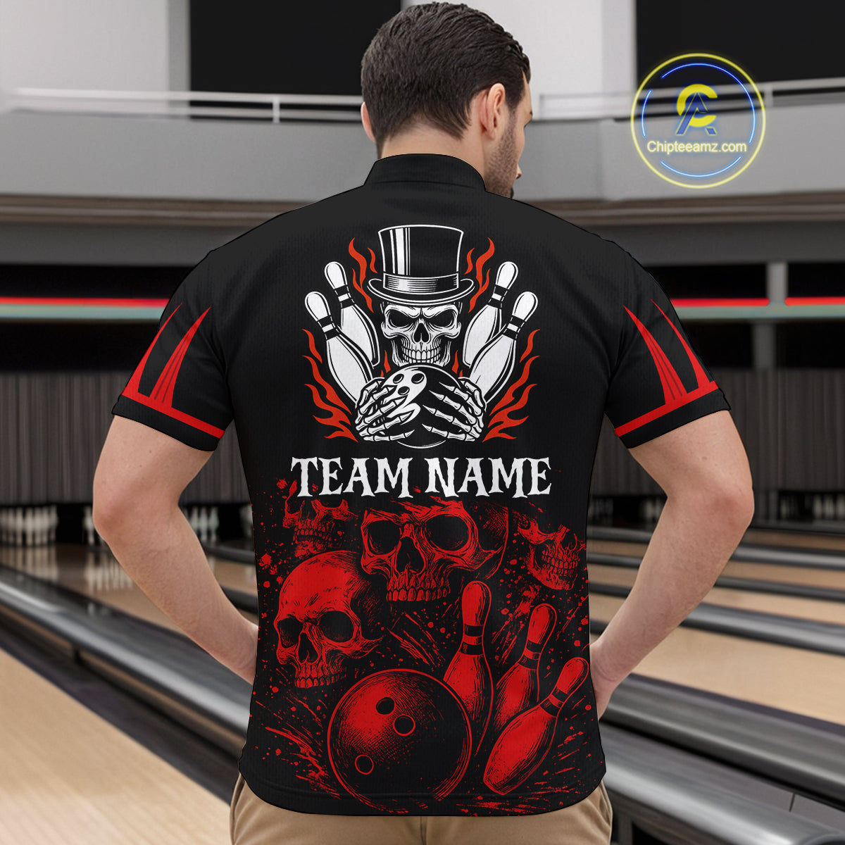 Black and Red Flame Skull Bowling Polo, Quarter Zip Shirts For Men Custom Skull Bowling Team Jerseys NQS9985