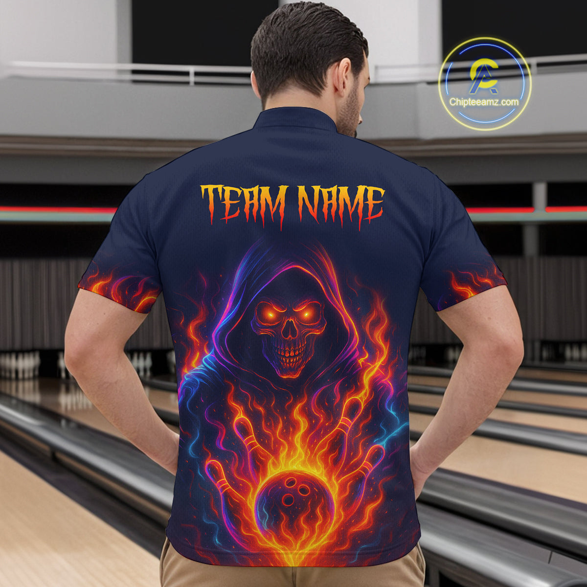 Custom Orange Flame Skull Bowling Shirts for Men Custom Team Bowling Shirts, gift for bowlers NQS10522