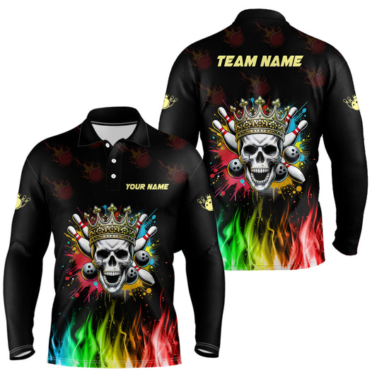 Colorful Flame Skull Bowling Polo, Quarter Zip Shirt For Men Custom Bowling Team League Jerseys NQS8402
