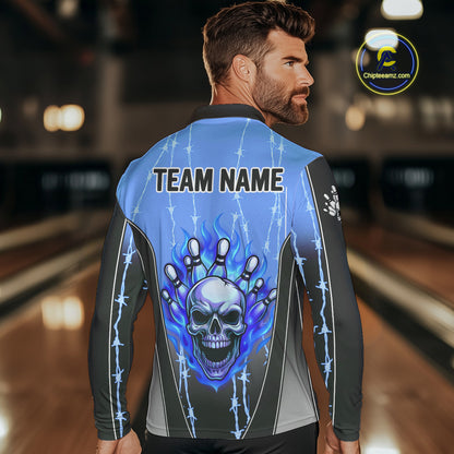 Black and blue flame skull Bowling Polo, 1/4 Zip Shirt for men Custom Team Bowling League Jersey NQS10205