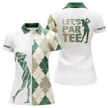 Load image into Gallery viewer, Green and white golf shirt argyle pattern golf clubs custom name Womens golf polo shirts Let's par tee NQS6040