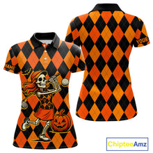 Load image into Gallery viewer, Funny Women golf polo shirt custom orange and black argyle plaid Halloween Skull ladies golf attire NQS10355