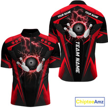Load image into Gallery viewer, Black Mens bowling Polo, Quarter Zip shirt Custom lightning thunder team league bowling jerseys | Red NQS10373