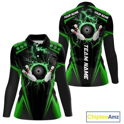 Black Women bowling Polo, 1/4 Zip shirt Custom lightning thunder team league bowling jersey | Green NQS10374