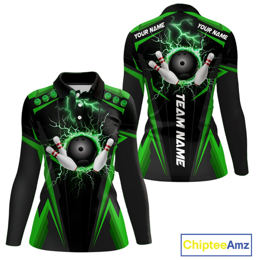 Black Women bowling Polo, 1/4 Zip shirt Custom lightning thunder team league bowling jersey | Green NQS10374