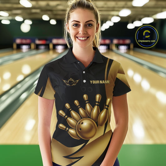 Black and Gold Women Bowling Polo, Quarter Zip Shirts Custom Team Bowling League Jersey NQS10079