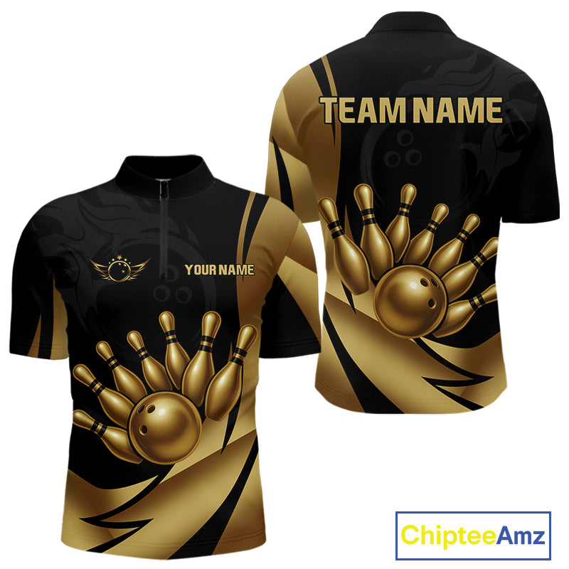 Black and Gold Mens Bowling Polo, Quarter Zip Shirts Custom Team Bowling League Jersey NQS10079