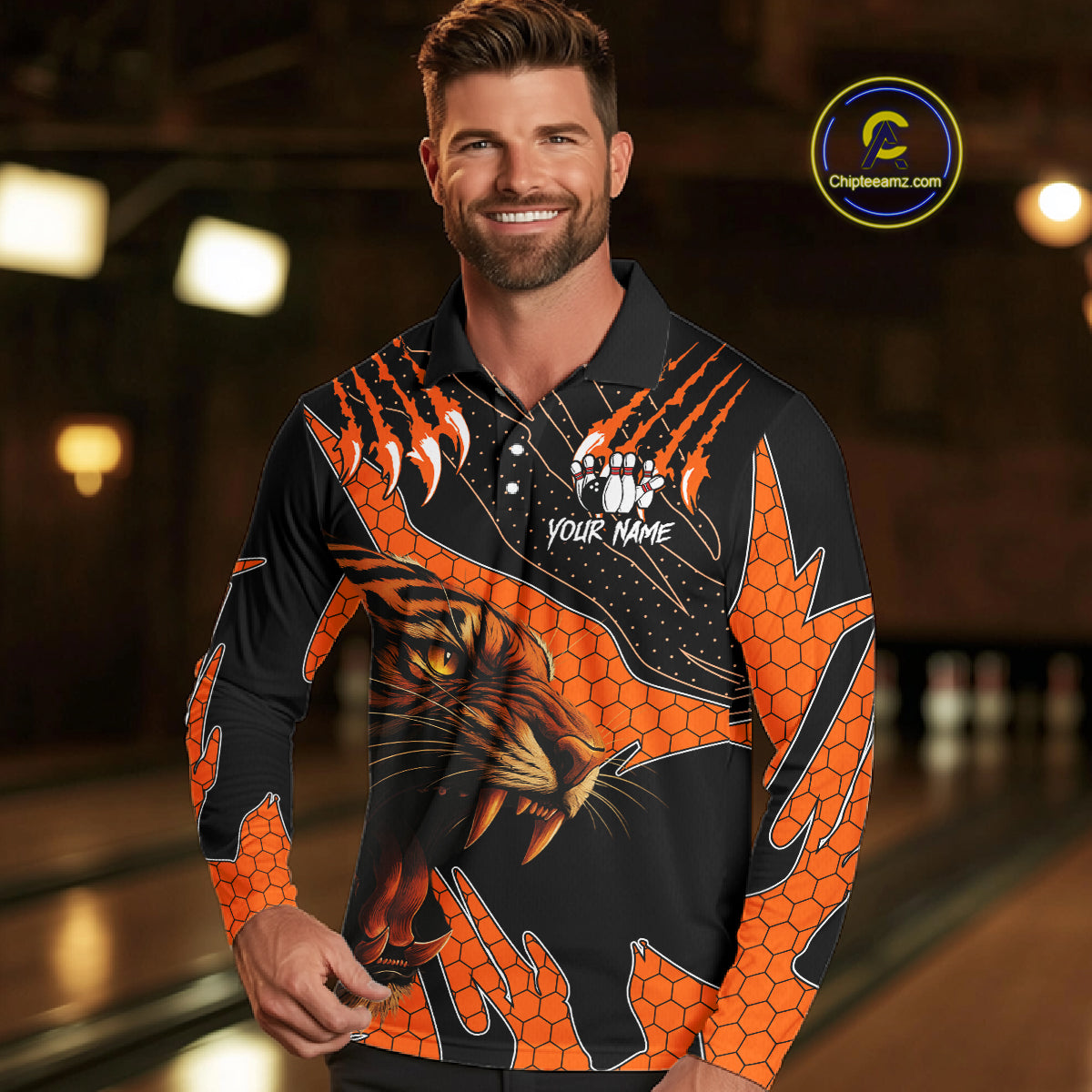 Personalized Tiger Bowling Team Men Polo, Quarter Zip Shirts, Black And Orange Tiger Bowling Jerseys NQS10398