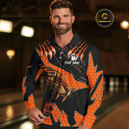 Personalized Tiger Bowling Team Men Polo, Quarter Zip Shirts, Black And Orange Tiger Bowling Jerseys NQS10398