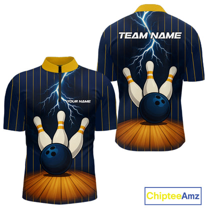 Custom Yellow and Blue Lightning Thunder Bowling Polo, 1/4 Zip Shirts For Men, Team Bowling Outfits NQS10620