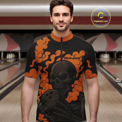 Custom Black and Orange Skull Team Bowling Polo, 1/4 Zip Shirts For Men, Halloween Bowling Outfits NQS10621