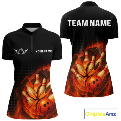 Flame Broken Bowling Ball and pins Bowling Shirt For Women Custom Flame Team Bowling Jerseys NQS10102