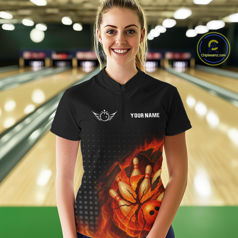 Flame Broken Bowling Ball and pins Bowling Shirt For Women Custom Flame Team Bowling Jerseys NQS10102