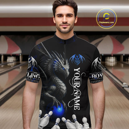 Black And Blue Dragon Bowling Polo, 1/4 Zip Shirt For Men Custom Dragon Bowling Team League Jersey NQS10628