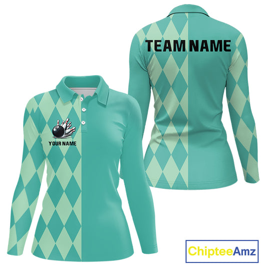 Turquoise argyle pattern Bowling Polo, Quarter Zip Shirt For Women Custom Team Bowling Jerseys NQS10107