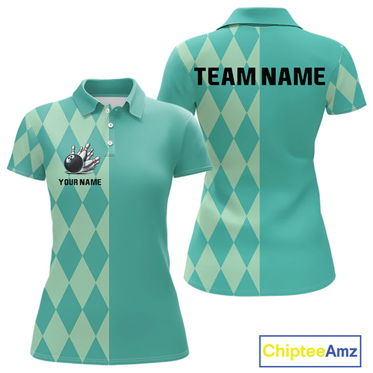 Turquoise argyle pattern Bowling Polo, Quarter Zip Shirt For Women Custom Team Bowling Jerseys NQS10107