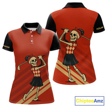 Load image into Gallery viewer, Funny argyle pattern Skull Golf Polo Shirts for Women Custom ladies golf attire, cool golf gift | Red NQS10251
