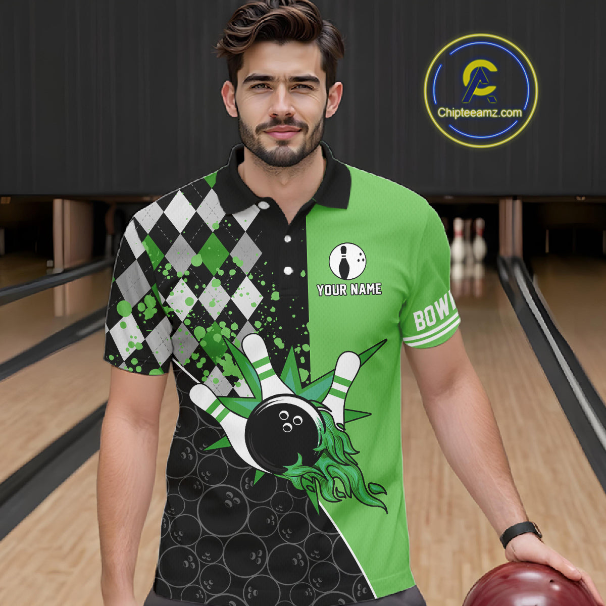 Custom Black and Green argyle pattern flame Bowling Team Jerseys, Bowling Polo, 1/4 Zip Shirt for Men NQS10450