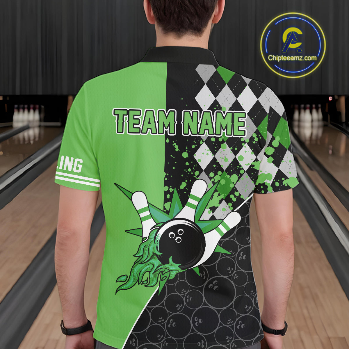 Custom Black and Green argyle pattern flame Bowling Team Jerseys, Bowling Polo, 1/4 Zip Shirt for Men NQS10450