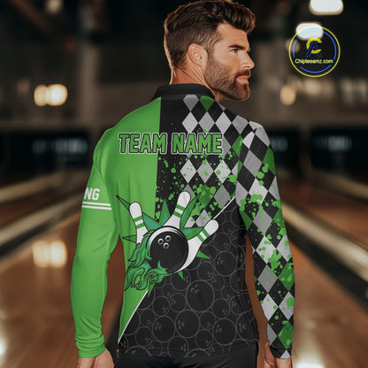 Custom Black and Green argyle pattern flame Bowling Team Jerseys, Bowling Polo, 1/4 Zip Shirt for Men NQS10450