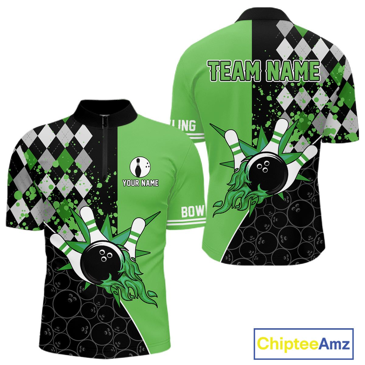 Custom Black and Green argyle pattern flame Bowling Team Jerseys, Bowling Polo, 1/4 Zip Shirt for Men NQS10450