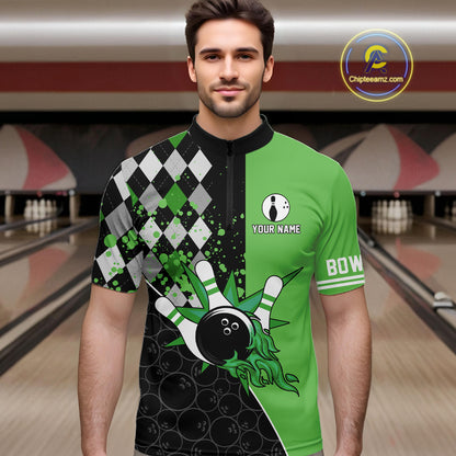 Custom Black and Green argyle pattern flame Bowling Team Jerseys, Bowling Polo, 1/4 Zip Shirt for Men NQS10450