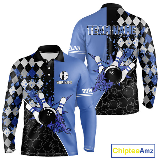 Custom Black and Blue argyle pattern flame Bowling Team Jerseys, Bowling Polo, 1/4 Zip Shirt for Men NQS10451