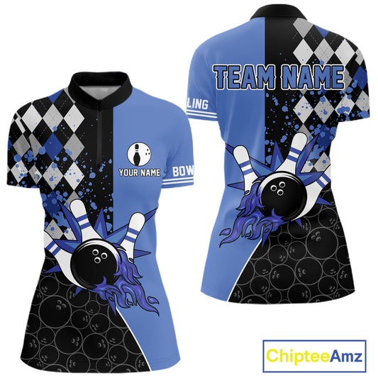Custom Black and Blue argyle pattern flame Bowling Team Jersey Bowling Polo, 1/4 Zip Shirt for Women NQS10451
