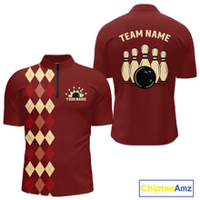 Load image into Gallery viewer, Red argyle pattern Bowling polo, 1/4 zip shirt for Men custom vintage bowling shirt, gift for bowlers NQS10255