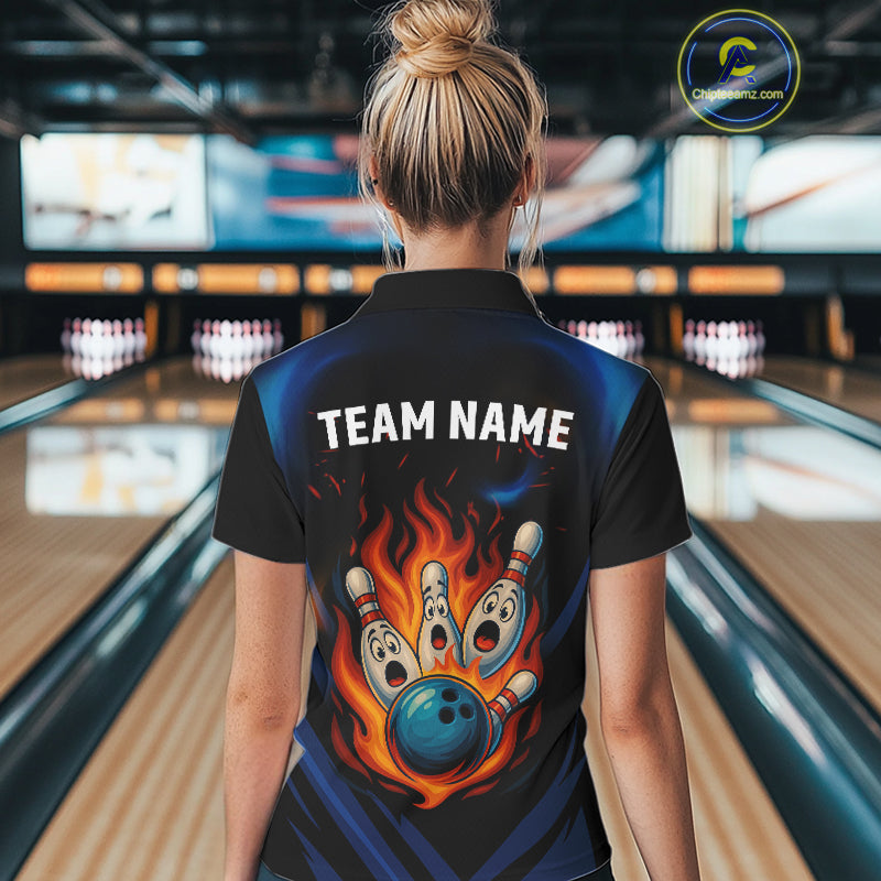 Blue and Black Flame Bowling shirts for Women custom funny bowling ball and pins team bowler jerseys NQS10260