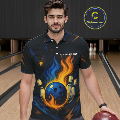 Blue and Yellow Flame Bowling shirts for Men custom bowling team jerseys for mens bowler NQS10262