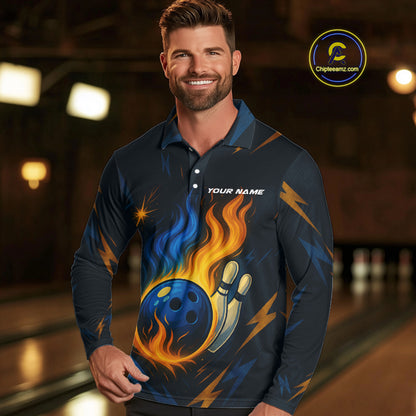 Blue and Yellow Flame Bowling shirts for Men custom bowling team jerseys for mens bowler NQS10262