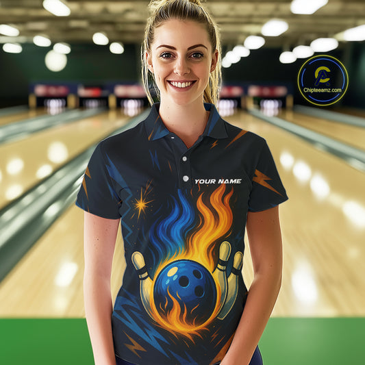 Blue and Yellow Flame Bowling shirts for Women custom bowling team jerseys for ladies bowler NQS10262