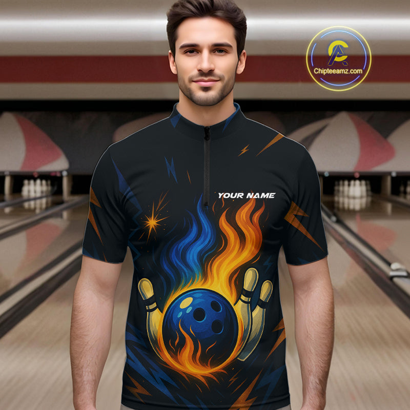 Blue and Yellow Flame Bowling shirts for Men custom bowling team jerseys for mens bowler NQS10262