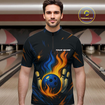 Blue and Yellow Flame Bowling shirts for Men custom bowling team jerseys for mens bowler NQS10262